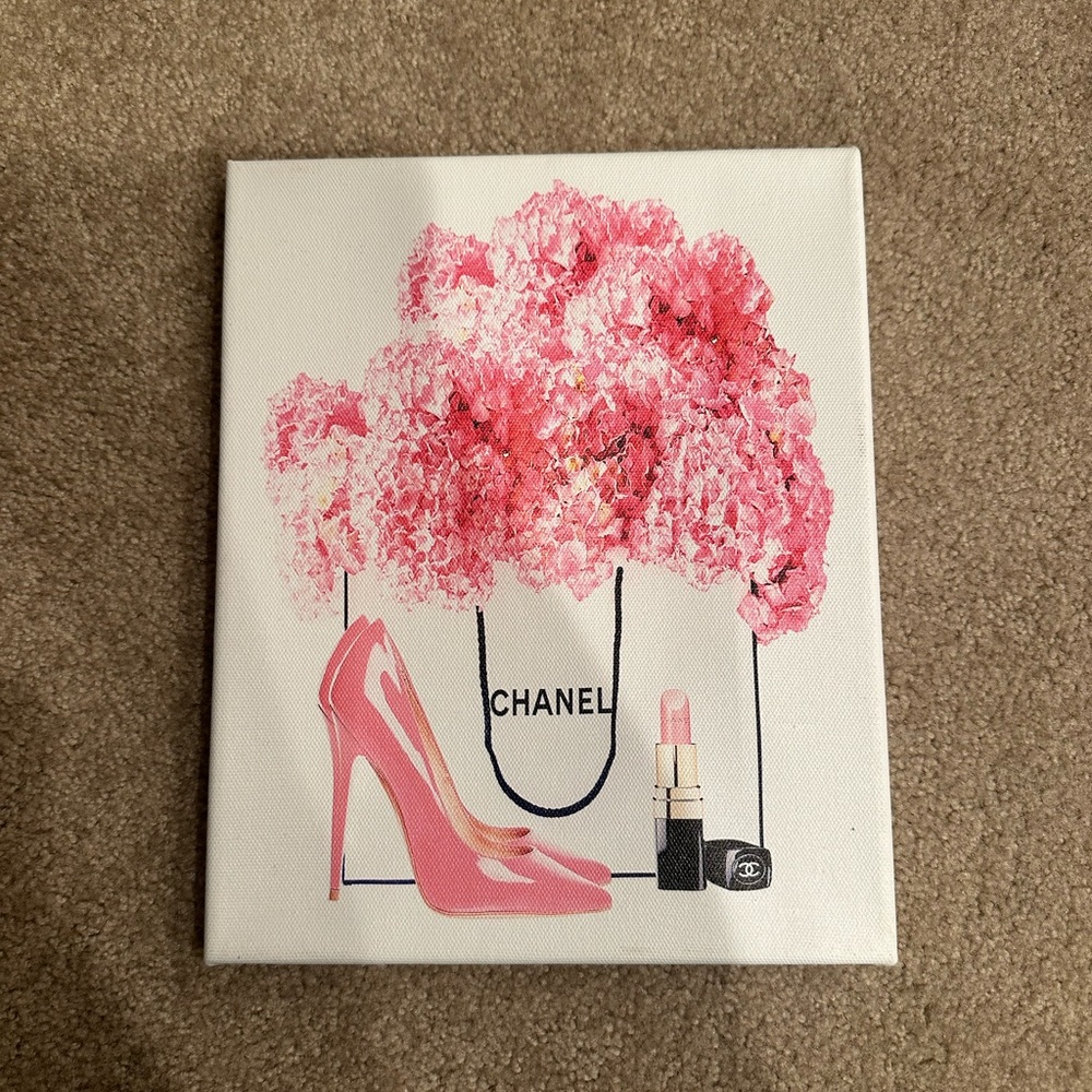 Chanel Canvas Art with Pink Heels and Flowers